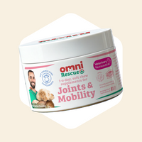Container of Omni Rescue+ supplements for joints and mobility on a beige background