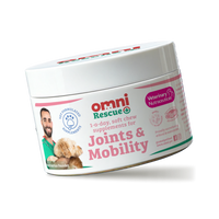 Container of Omni Rescue+ soft chews for joints and mobility on a white background