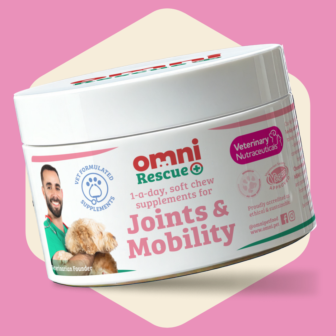 Container of Omni Rescue Joint and Mobility supplements on a pink background