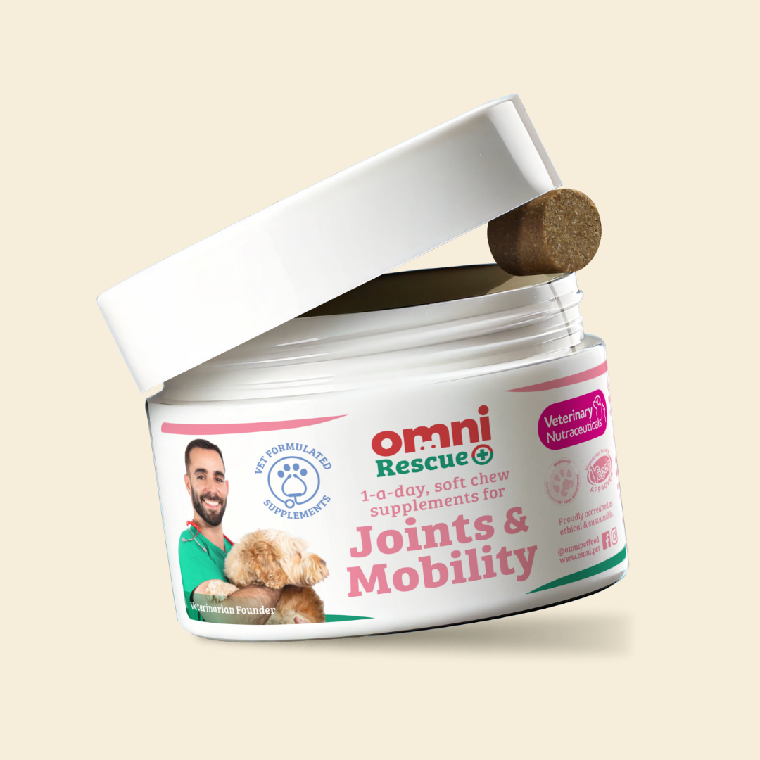 Container of Omni Rescue joints and mobility supplements on a beige background