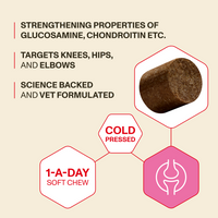 Product packaging with glucosamine, chondroitin, and soft chew information on a beige background