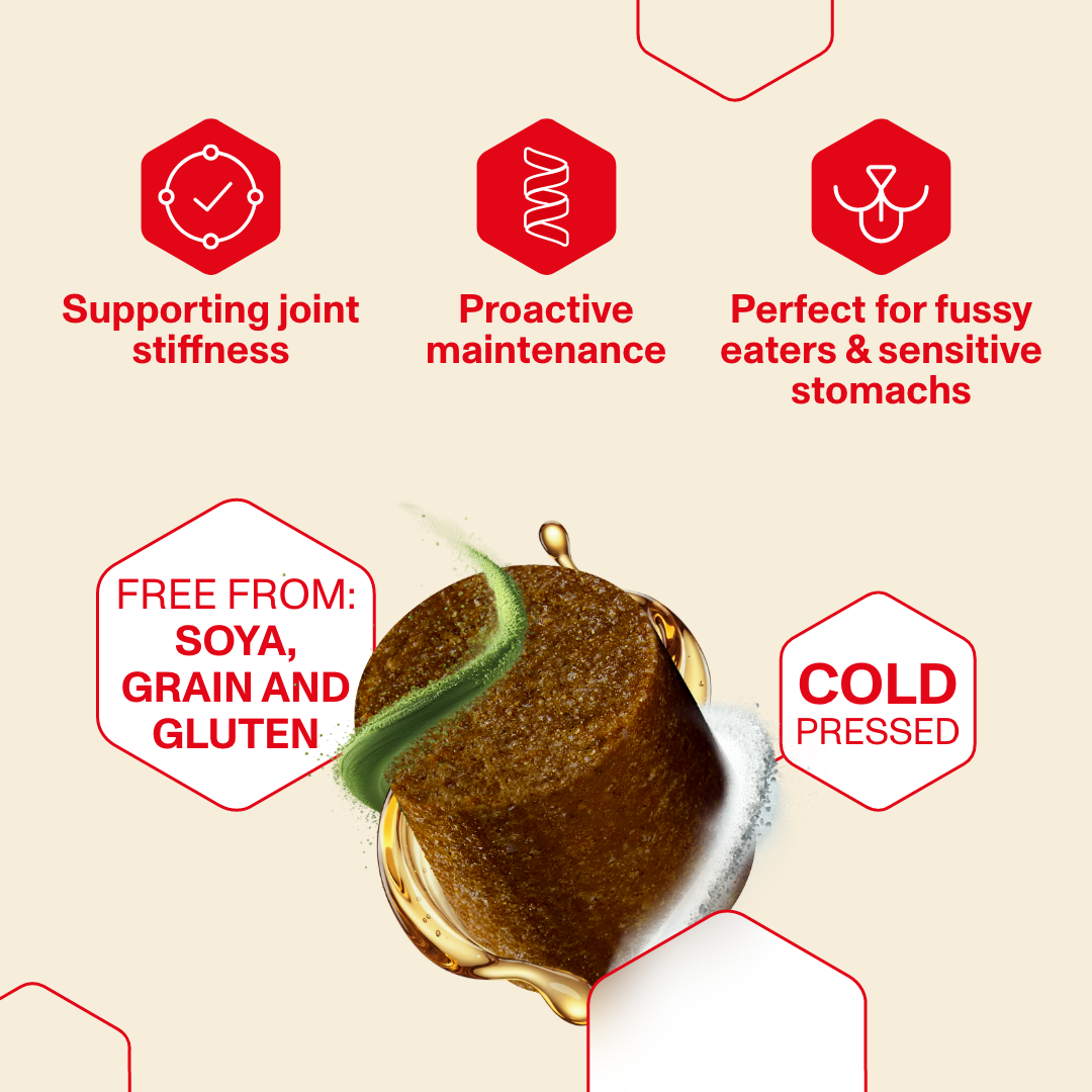 Product packaging with health benefits and features on a beige background