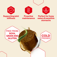 Product packaging with health benefits and features on a beige background