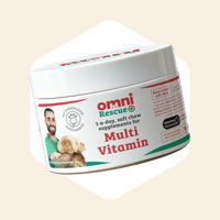 Container of Omni Rescue multi vitamin supplements for pets on a beige background