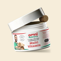 Open container of Omni Rescue Multi Vitamin supplements for dogs on a beige background