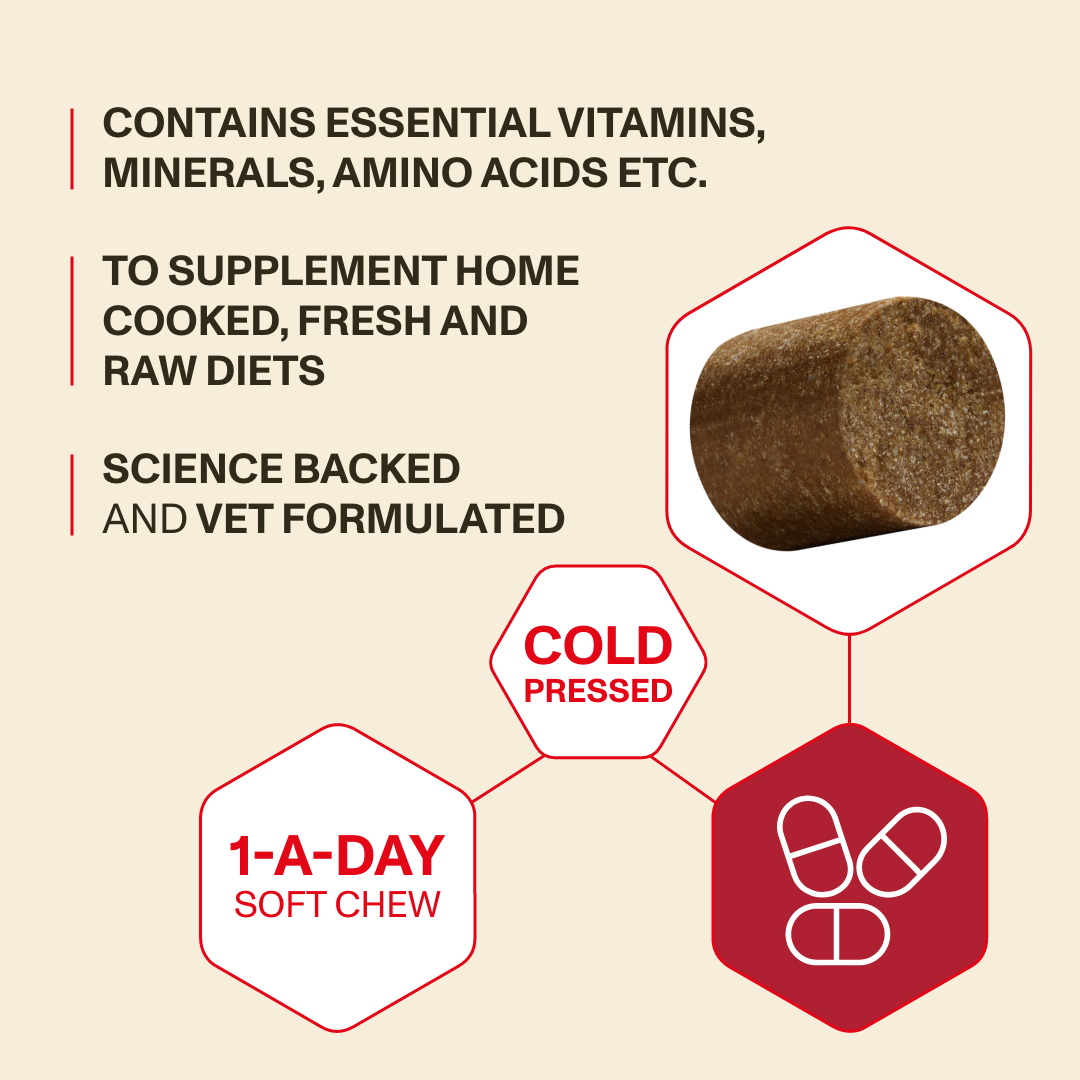 Product packaging with text about vitamins, minerals, and amino acids, featuring a close-up of a brown supplement and icons.
