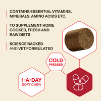 Product packaging with text about vitamins, minerals, and amino acids, featuring a close-up of a brown supplement and icons.