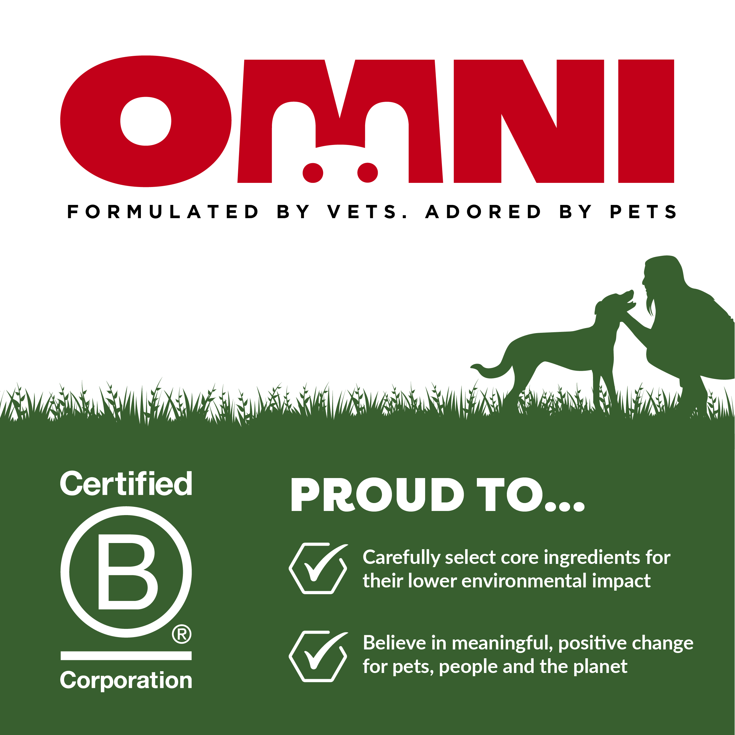 OMNI pet food brand logo with certification and values on a white background