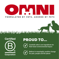 OMNI pet food brand logo with certification and values on a white background
