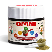 Omni 5-in-1 Daily Essentials multivitamin powder for dogs with a spoonful of powder on a white background