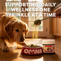 Dog eating from a bowl with OMNI pet food, text 'Supporting daily wellness one sprinkle at a time'.