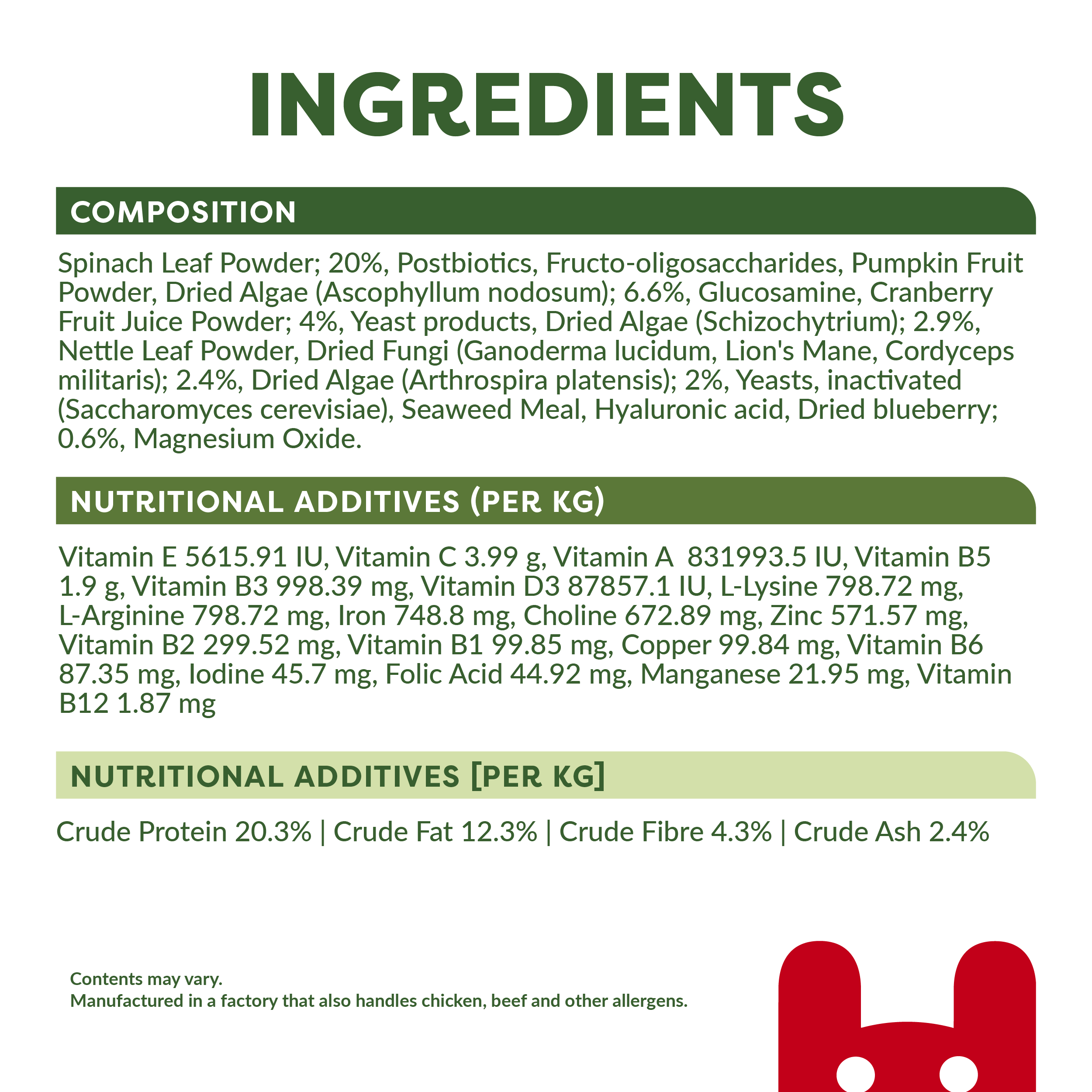 Ingredients and nutritional additives list with a red logo on a white background
