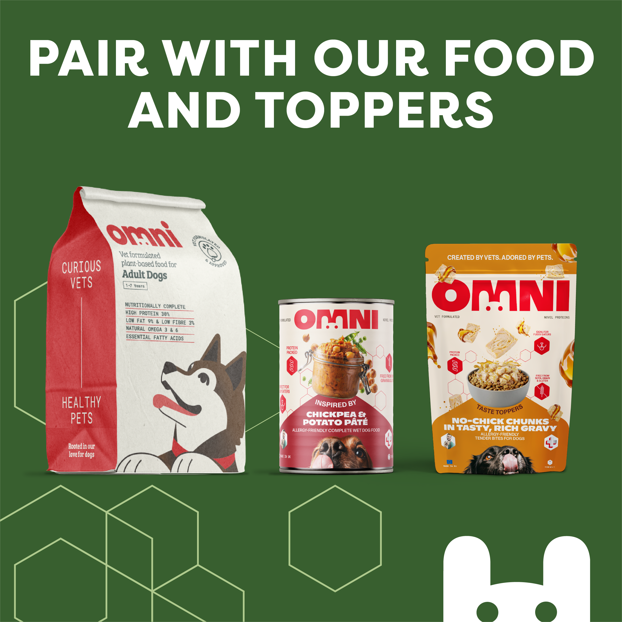 Omni pet food products including a bag, can, and box on a green background with text 'Pair with our food and toppers'.