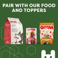 Omni pet food products including a bag, can, and box on a green background with text 'Pair with our food and toppers'.