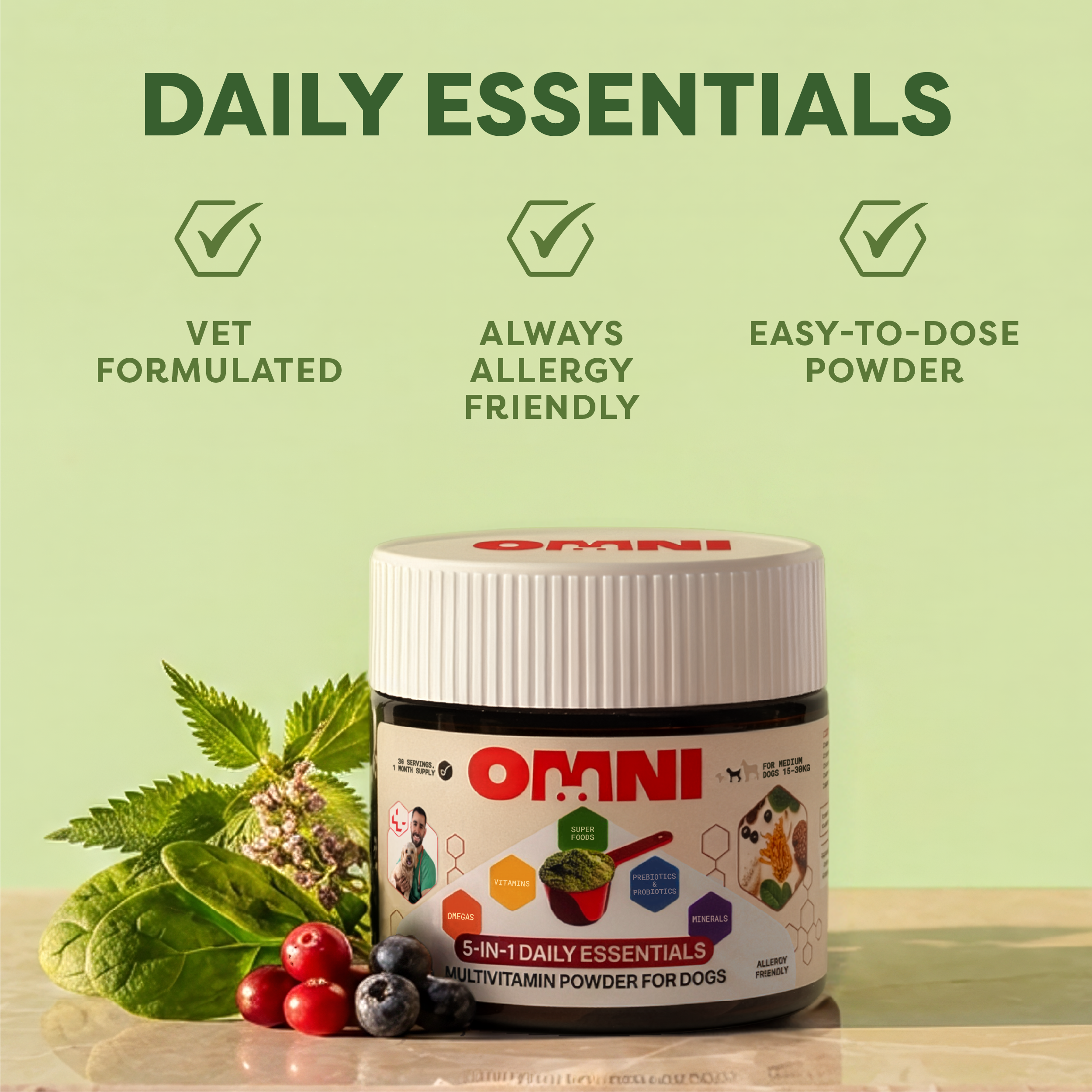 Omni 5-in-1 Daily Essentials vitamin powder for dogs with green background and text highlighting features.