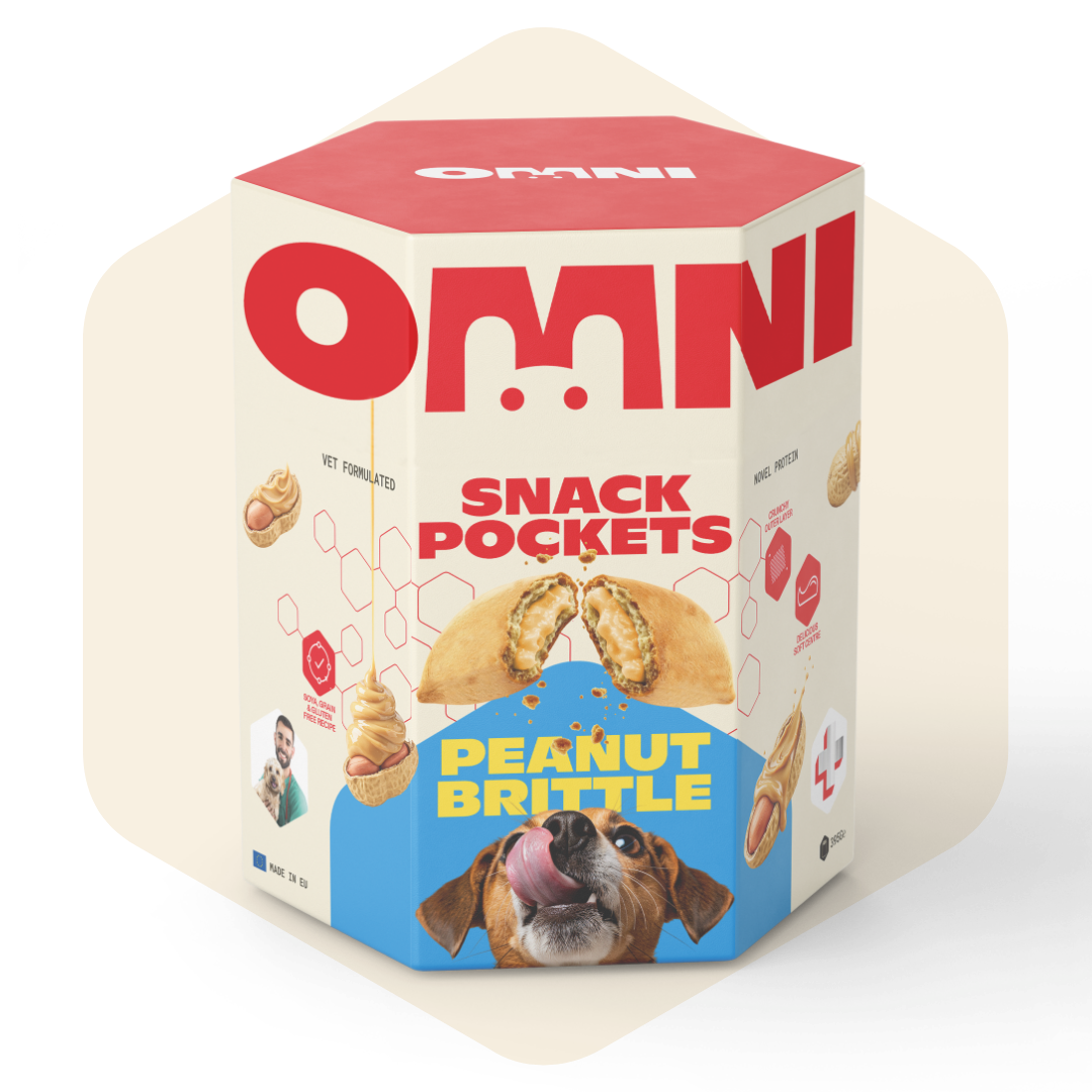 Hexagonal box of Omni Snack Pockets Peanut Brittle with a dog on the label.
