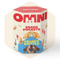 Hexagonal box of Omni Snack Pockets Peanut Brittle with a dog on the label.
