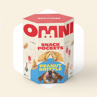 Box of Omni Snack Pockets Peanut Brittle with a dog on the label