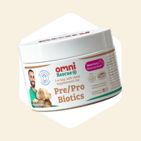 Jar of Omni Rescue Pre/Pro Biotics for pets on a beige background
