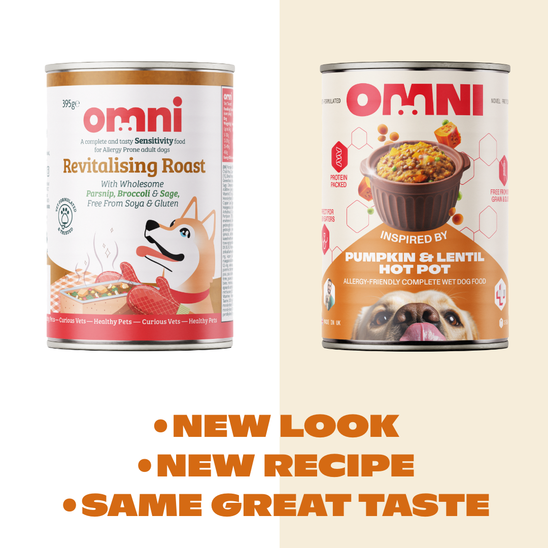 Two cans of Omni dog food with text highlighting a new look and recipe.