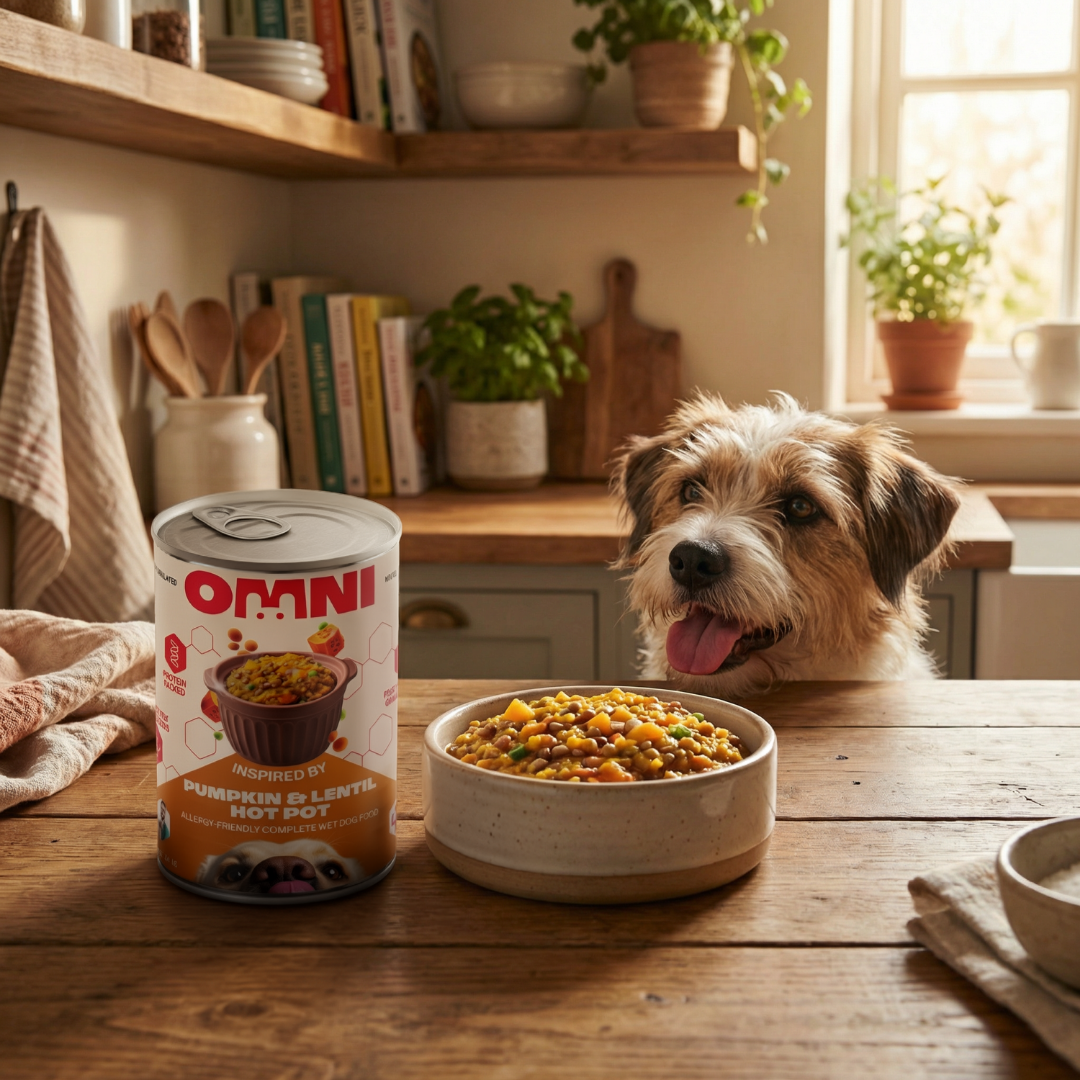 Dog sitting at a table with a bowl of food and a can of Omni on a wooden surface.