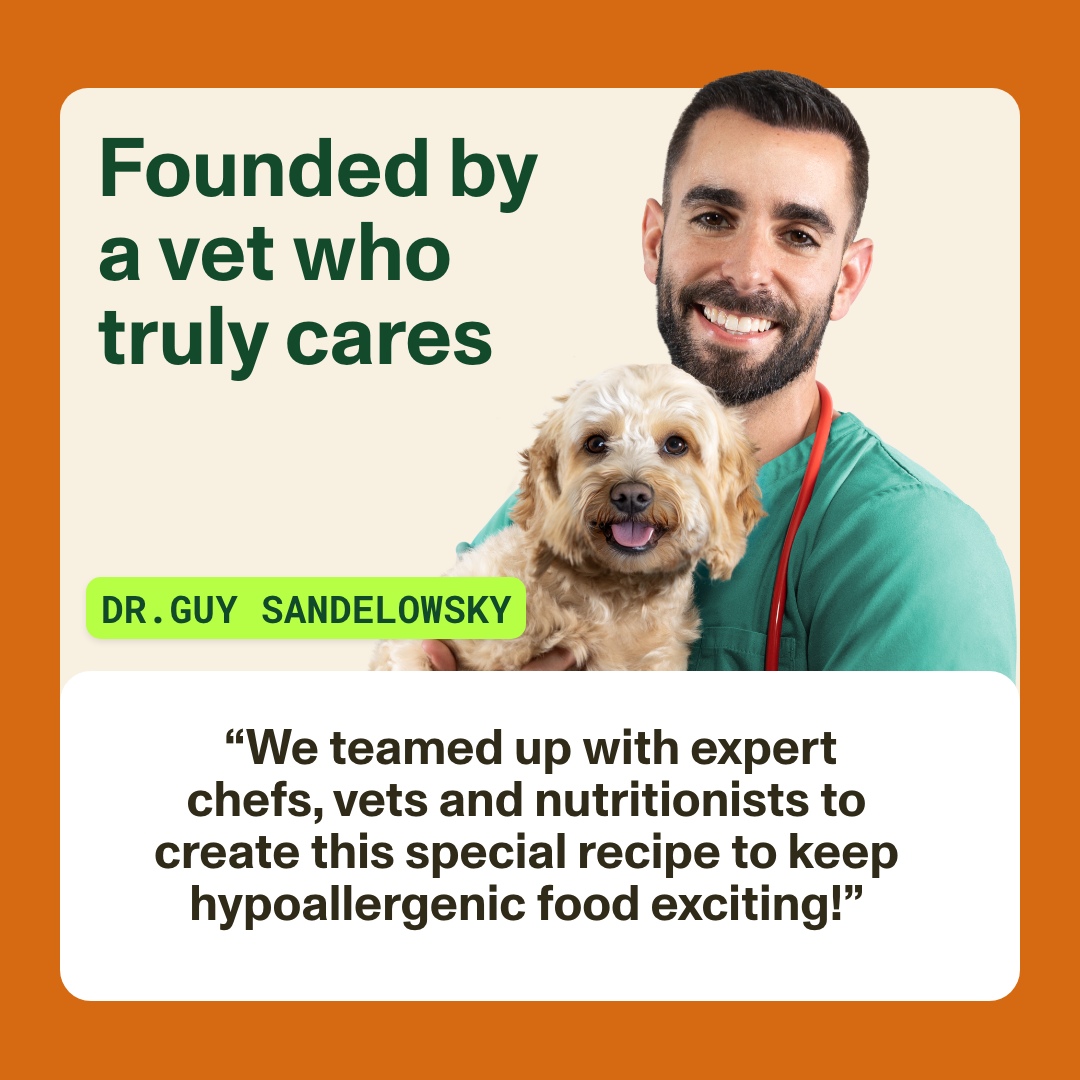 Vet with a dog and text about a pet food brand founded by a vet who truly cares.
