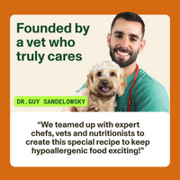 Vet with a dog and text about a pet food brand founded by a vet who truly cares.