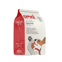 Dog food package with 'omni' branding on a white background