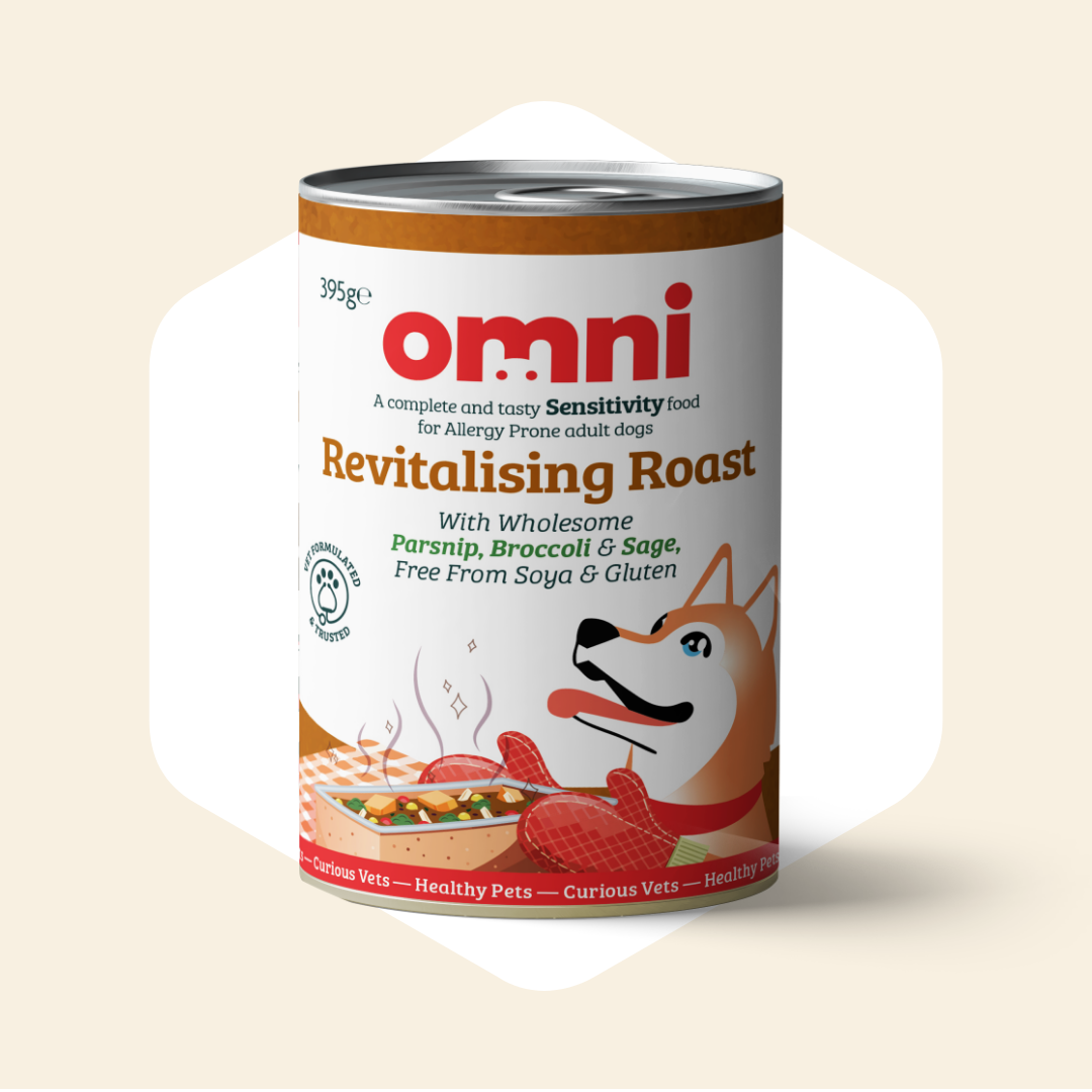 Can of Omni Revitalising Roast dog food on a beige background