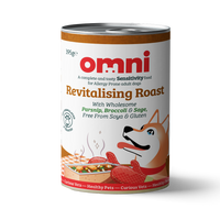 Can of Omni Revitalising Roast dog food on a white background
