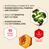Product description with images of broccoli, pumpkin, and text on a beige background