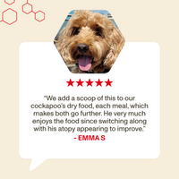 Dog with a five-star rating and customer review on a beige background