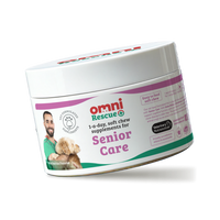 Container of Omni Rescue Senior Care supplements for dogs on a white background