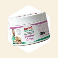 Jar of Omni Rescue Senior Care supplements on a beige background