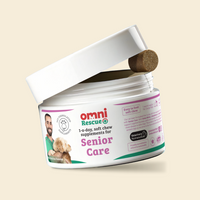 Container of Omni Rescue Senior Care supplements with a white lid on a beige background