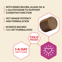 Product packaging with text and images of a soft chew, ginkgo biloba, algae oil, and L-glutathione on a beige background.