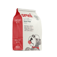 Dog food package with red and white design featuring a dog illustration on a white background