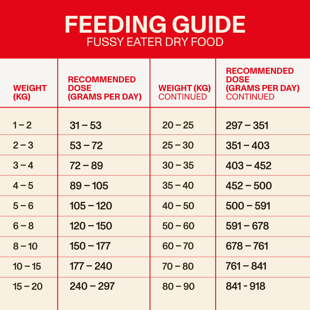 Feeding guide for Fussy Eater Dry Food with weight-based recommended doses on a red and beige background.