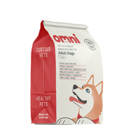 Dog food package with red and white design featuring a dog illustration on a white background
