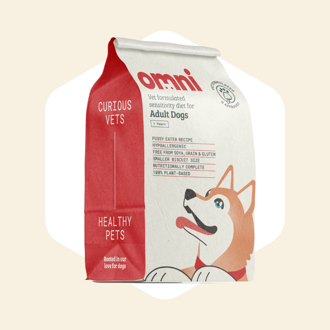 Dog food package with 'Omni' branding on a beige background