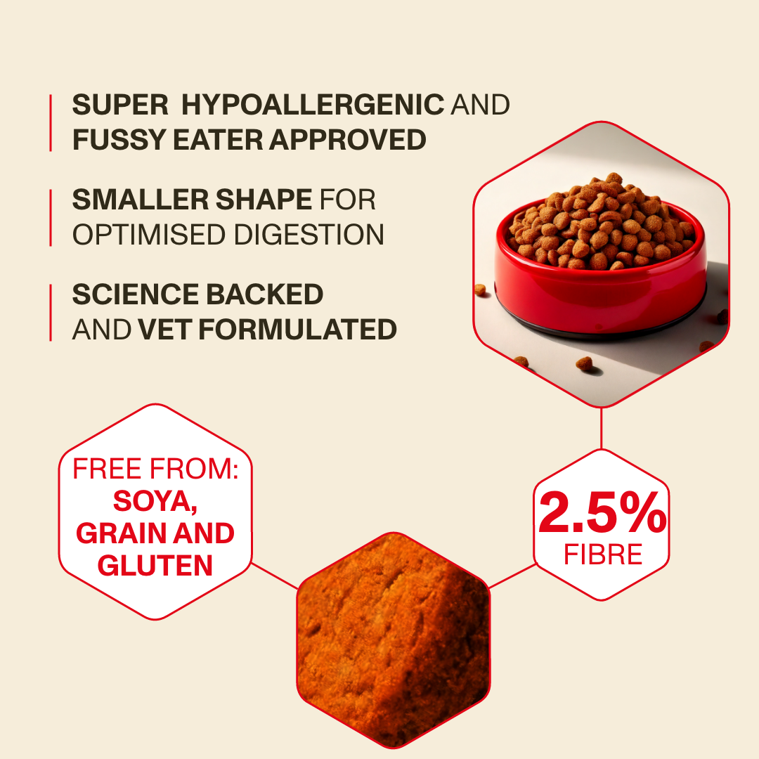 Dog food packaging with text highlighting features on a beige background