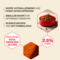 Dog food packaging with text highlighting features on a beige background