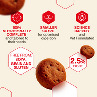 Dog food product with nutritional information on a beige background