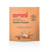Package of omni dog treats for sensitive tummies on a white background