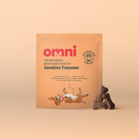 Package of Omni pet treats for sensitive tummies on a beige background