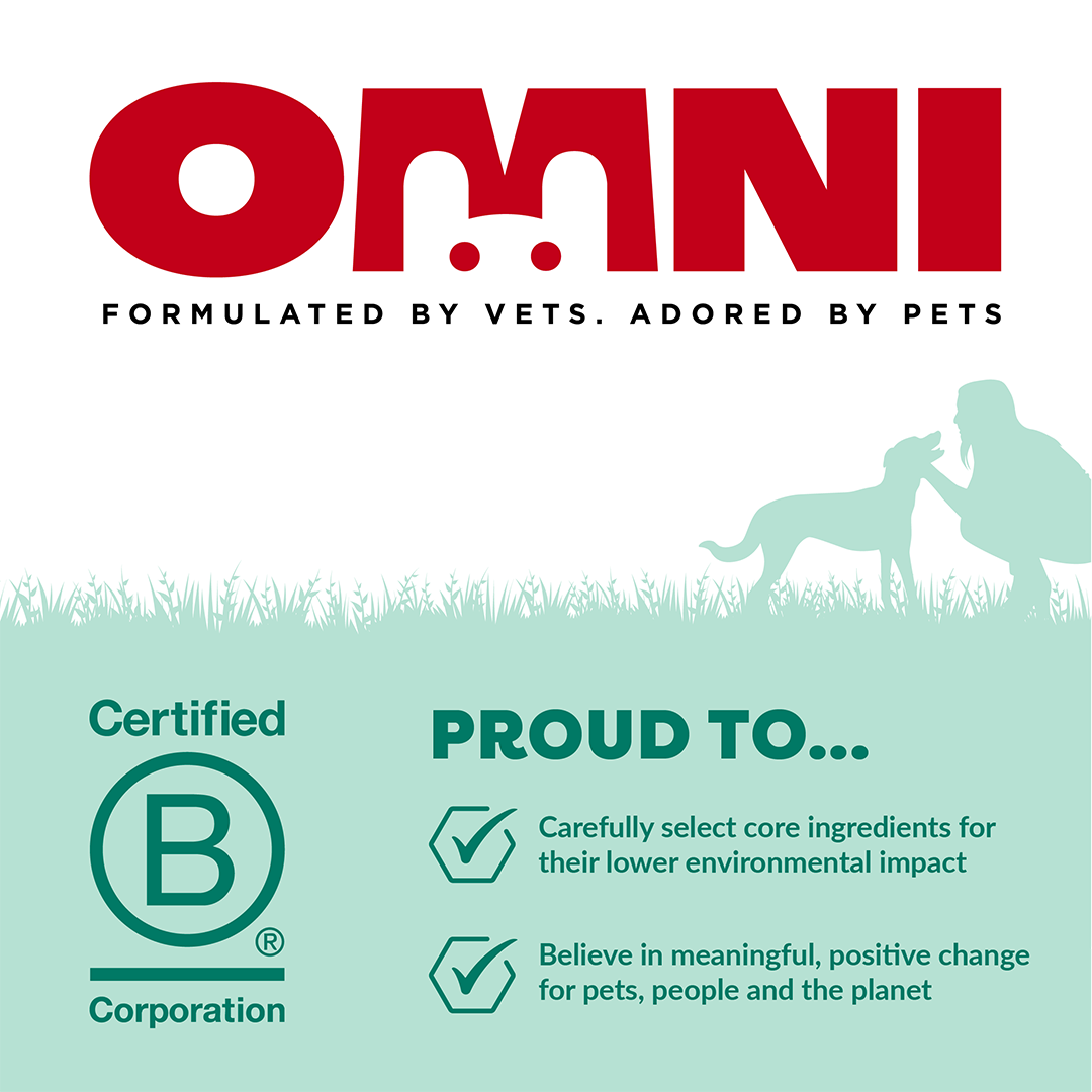 OMNI pet food brand logo with certification and values on a white background