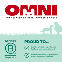 OMNI pet food brand logo with certification and values on a white background