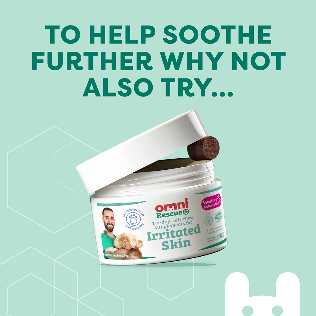 Container of Omni Irritated Skin Supplement with text on a light green background