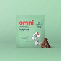 Green package of 'omni' pet treats for shiny coats with a cartoon dog and two treats on a green background