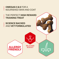 Dog treats with health benefits and features on a beige background
